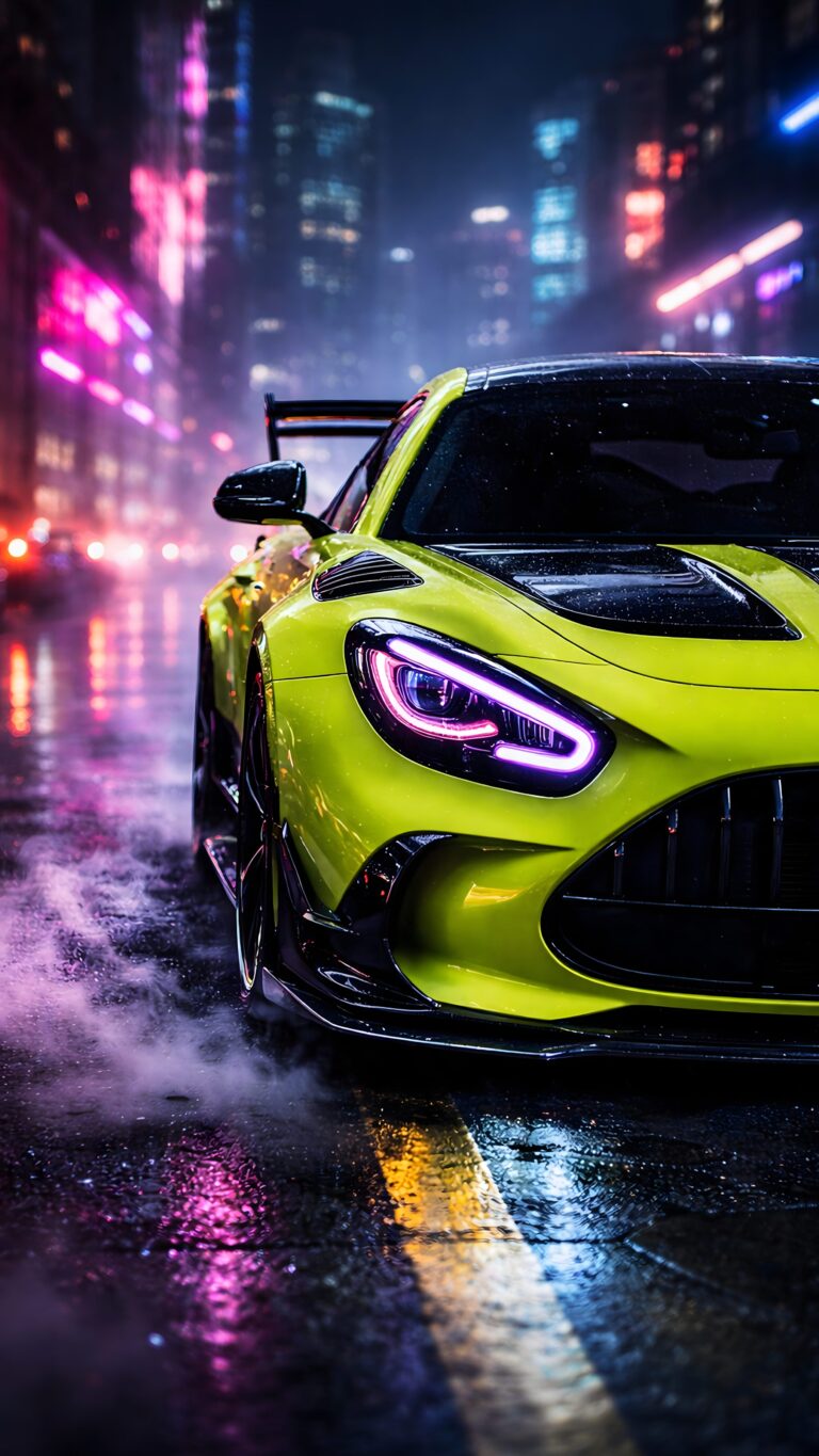 A neon lime sports car parked on a wet city street at night under purple city lights, vertical mobile phone background.