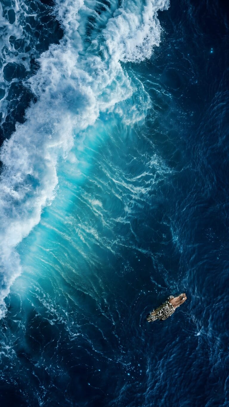 Aerial view of glowing turquoise ocean waves crashing in deep dark blue water with a small rocky outcrop.