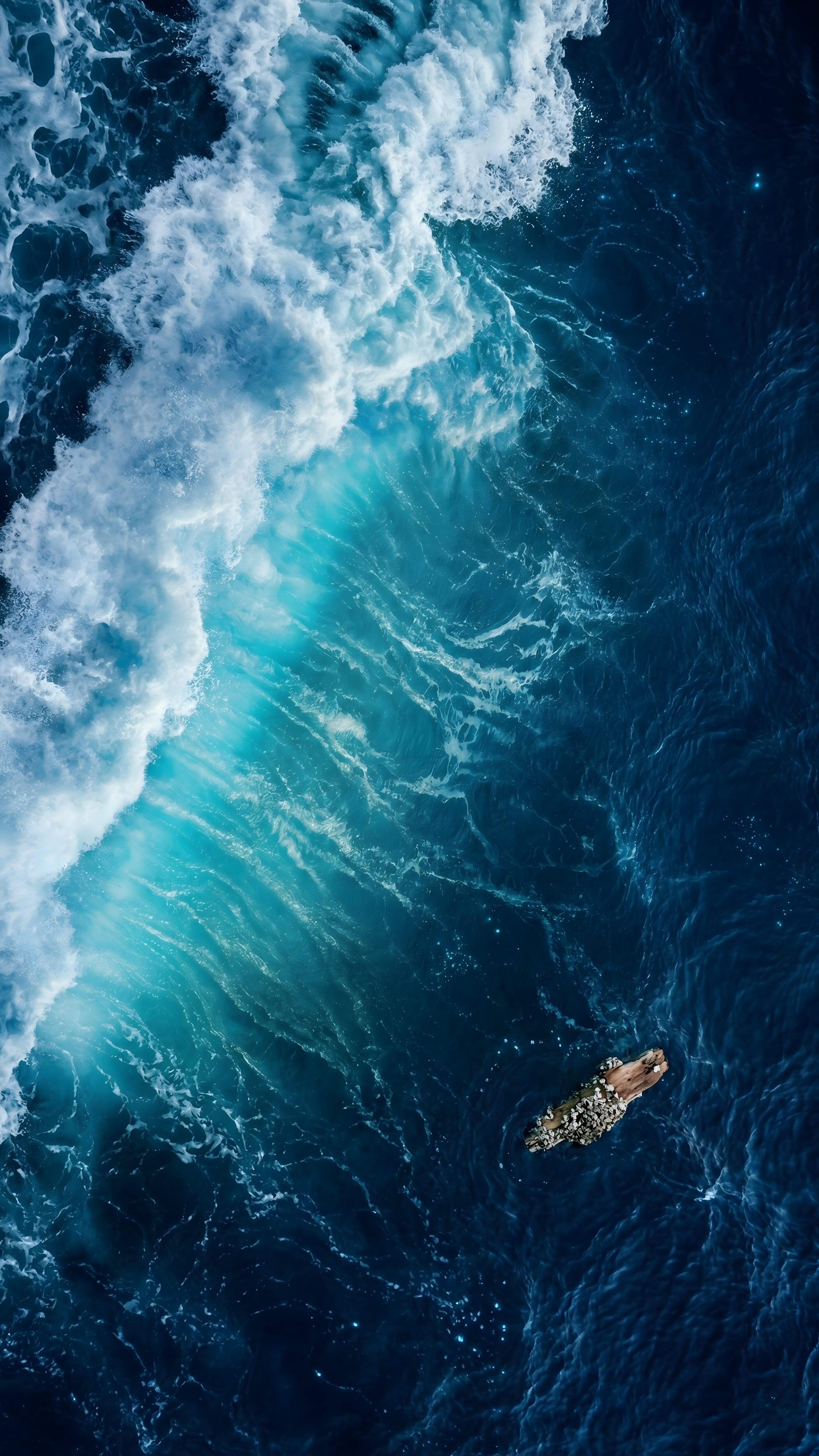 Aerial view of glowing turquoise ocean waves crashing in deep dark blue water with a small rocky outcrop.