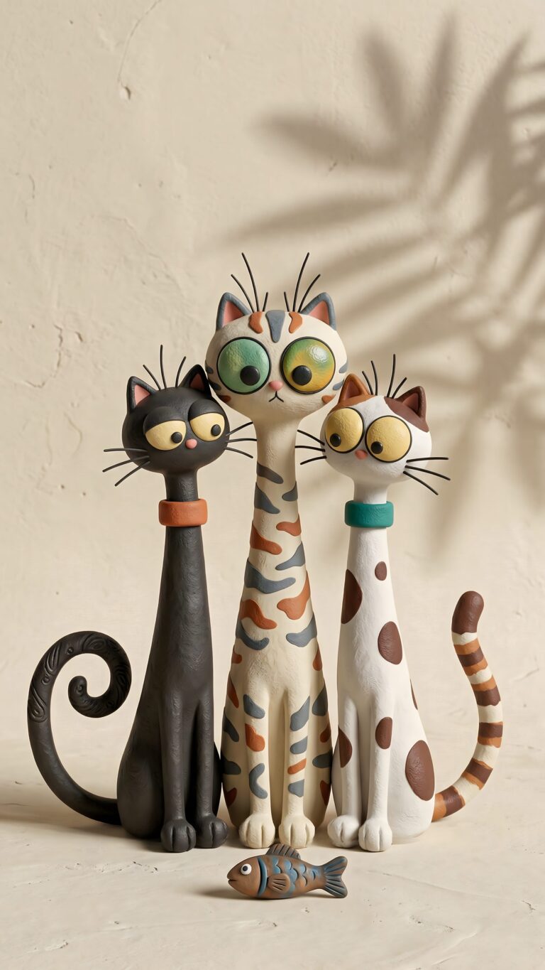 Three stylized, tall clay cats with big eyes looking at a small toy fish on a neutral beige background with leaf shadows.