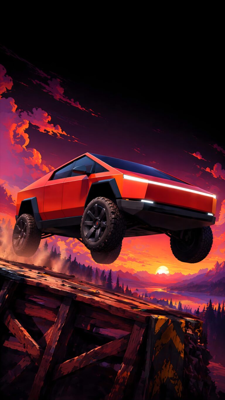 A futuristic red angular truck jumping off a rugged wooden ramp against a vibrant purple and orange sunset sky.