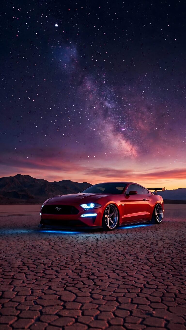 A vibrant red Ford Mustang with blue neon underglow parked on a cracked desert floor beneath a breathtaking Milky Way night sky.