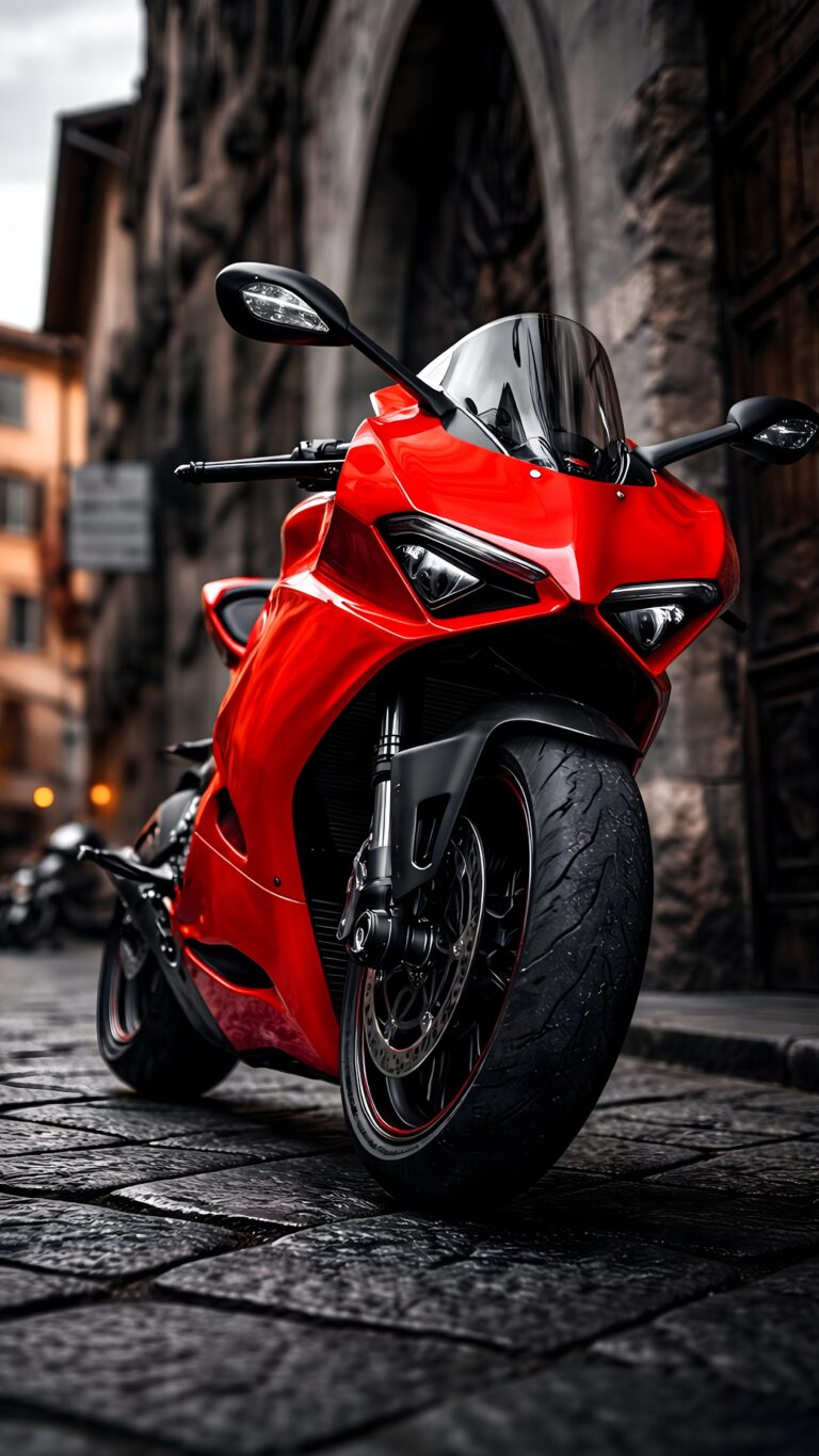 Sleek glossy red sportbike parked on a dark cobblestone alleyway, perfect for a high-octane mobile background.