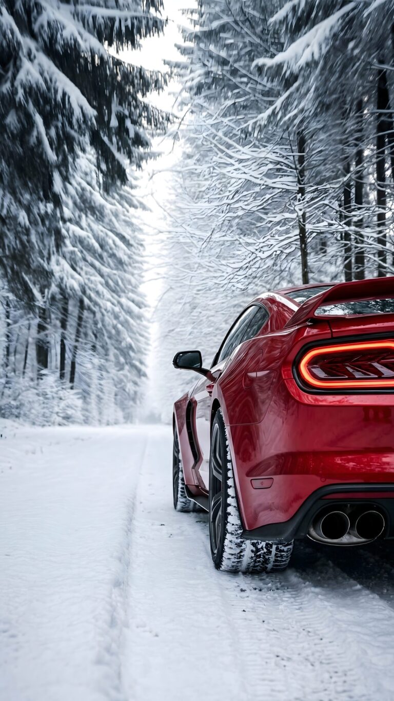 Red muscle car parked on a snow-covered dirt road surrounded by frosty pine trees in a dense winter forest.