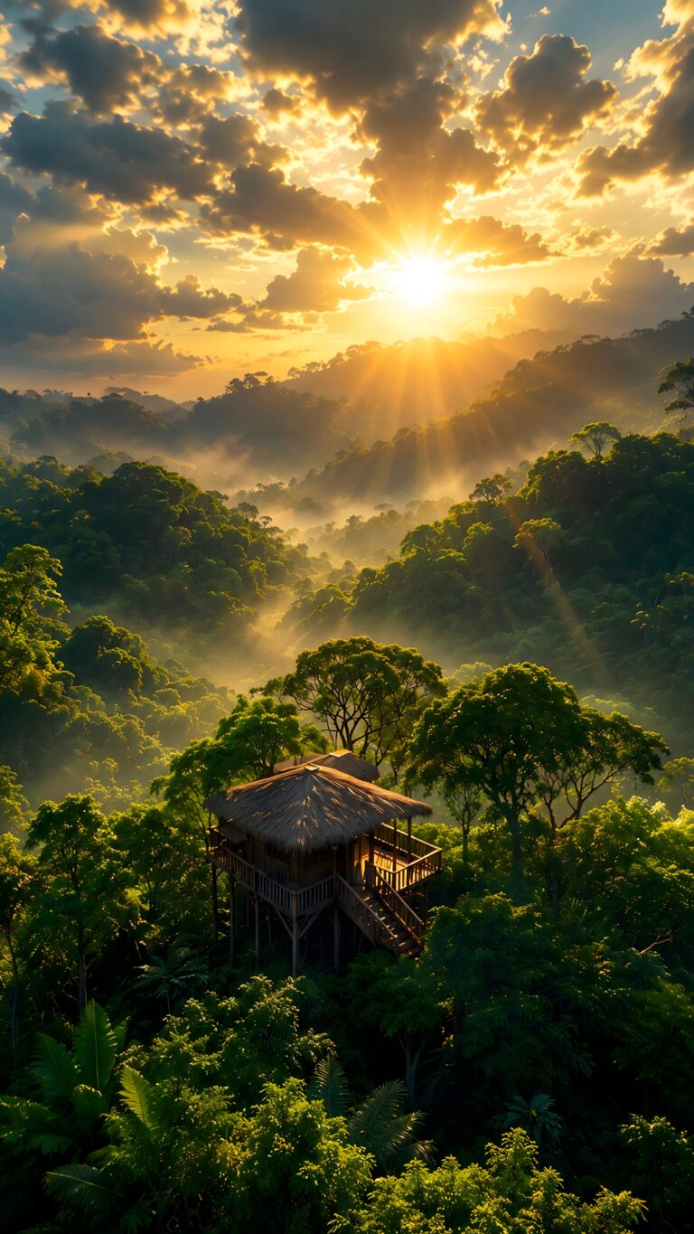 Glowing sunrise over a lush tropical rainforest with a wooden treehouse nestled in the lush green canopy.