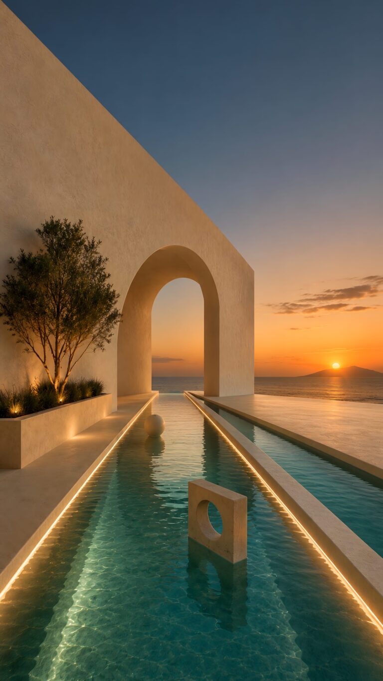 Minimalist modern architecture featuring a large archway over a serene reflecting pool looking out at an ocean sunset.