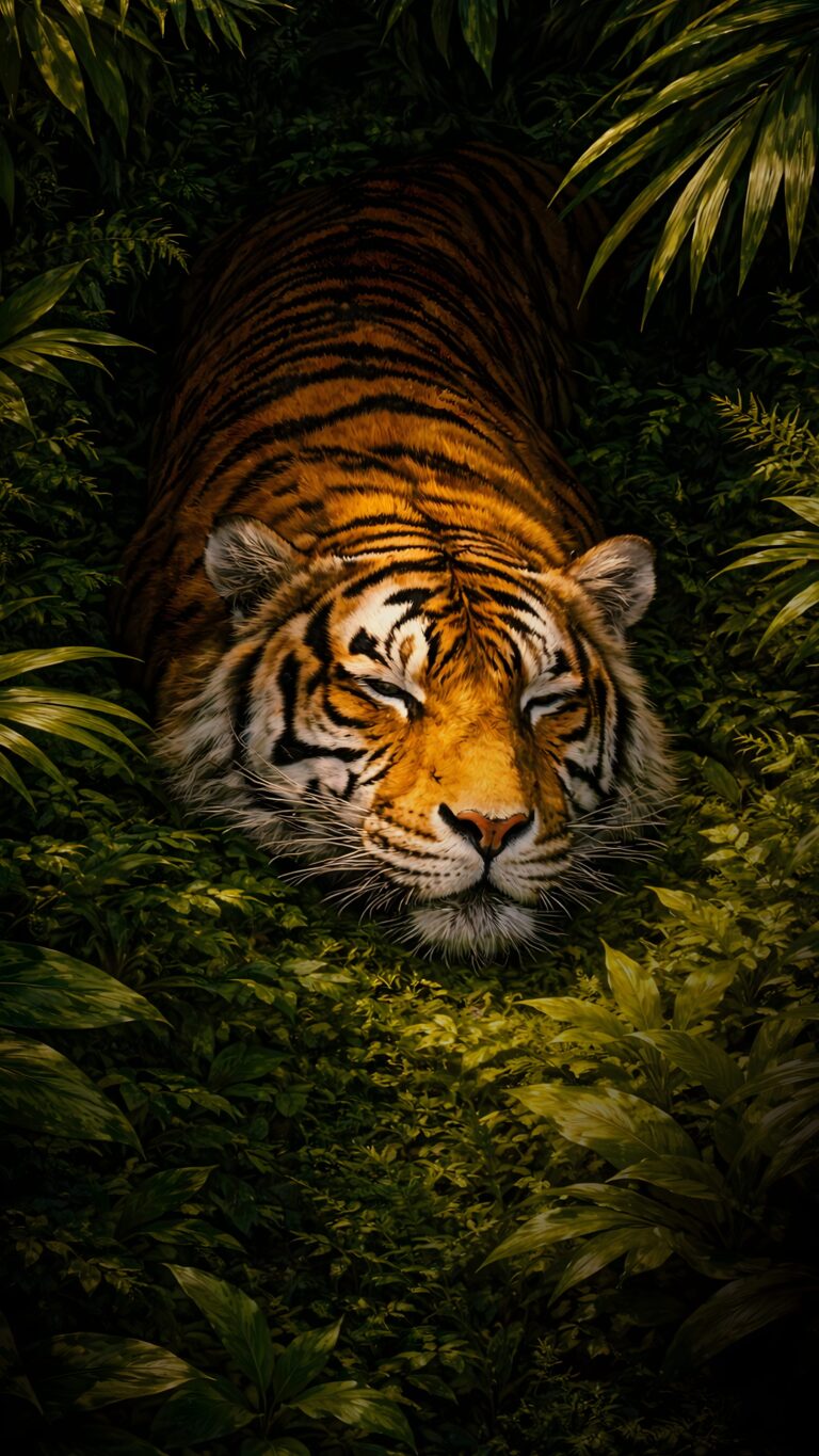 A close-up portrait of a majestic tiger sleeping peacefully surrounded by dark green jungle leaves and shadows.