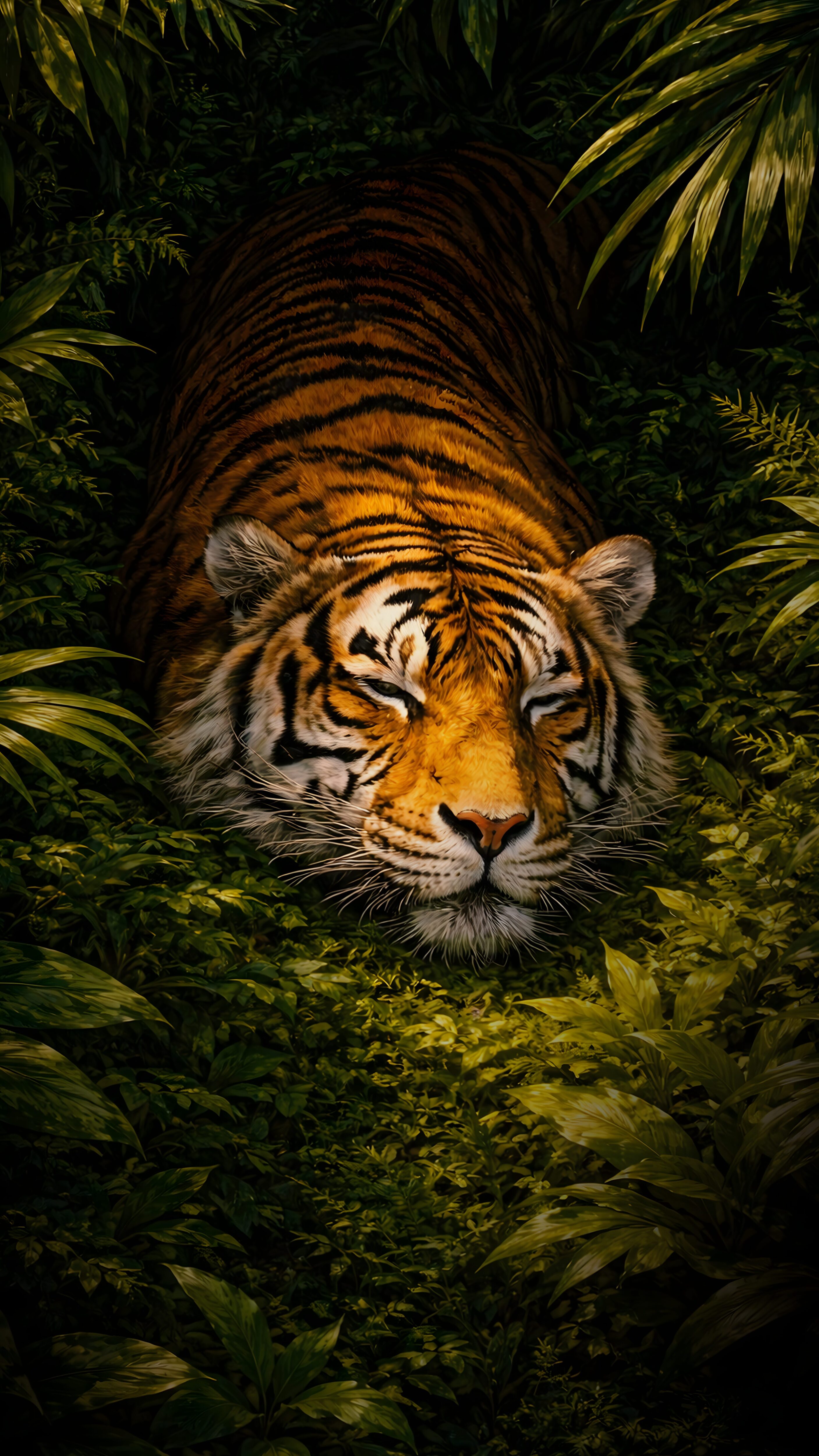 A close-up portrait of a majestic tiger sleeping peacefully surrounded by dark green jungle leaves and shadows.