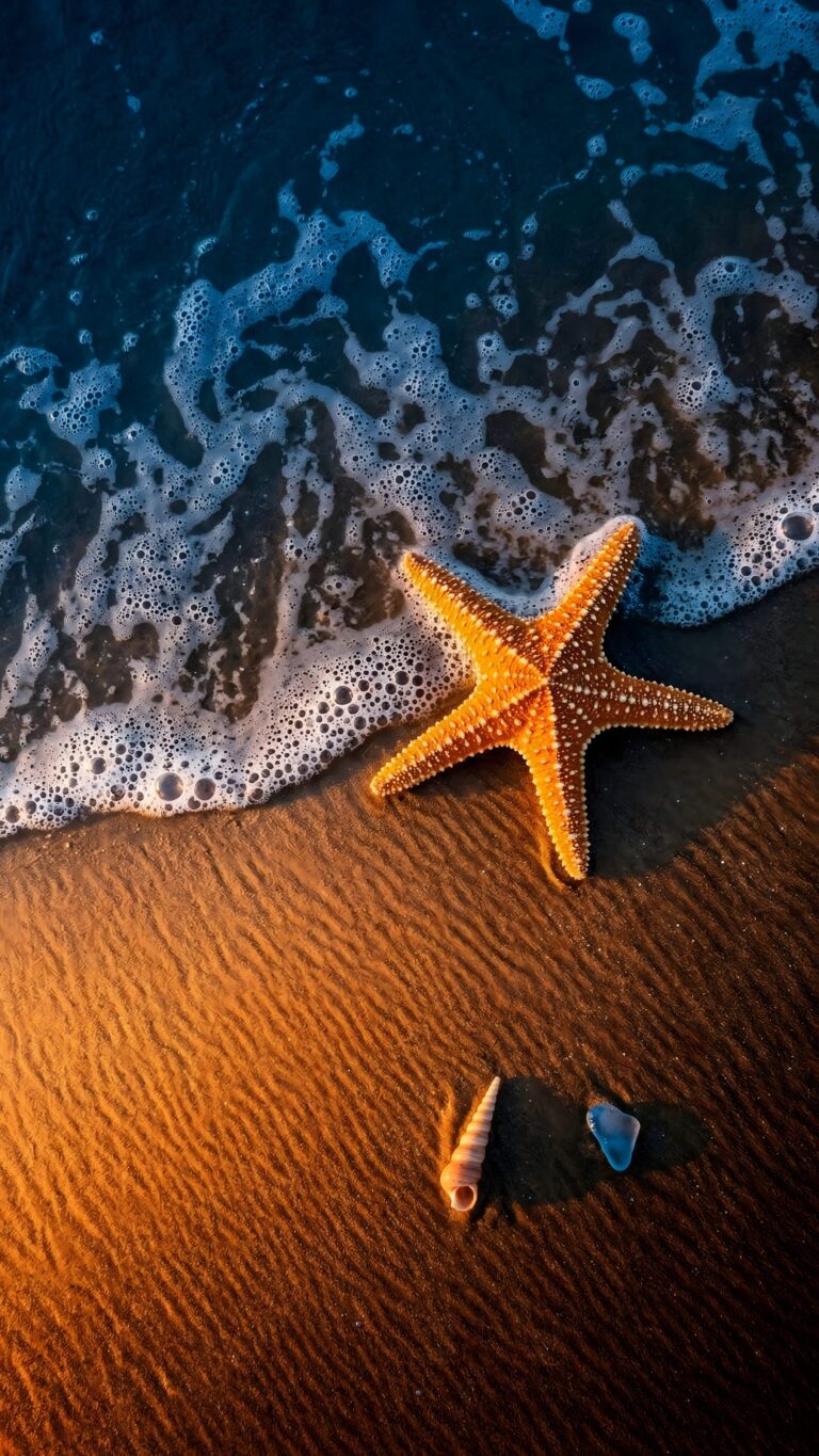 An orange starfish resting on golden wet sand next to gentle ocean foam, sea glass, and a shell, featured in this wallpaper