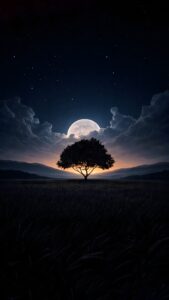 A solitary tree silhouetted against a glowing sunset horizon, with a massive full moon and starry night sky above it.