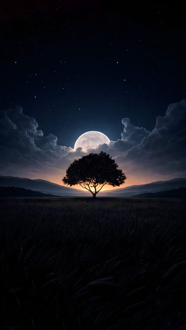 A solitary tree silhouetted against a glowing sunset horizon, with a massive full moon and starry night sky above it.