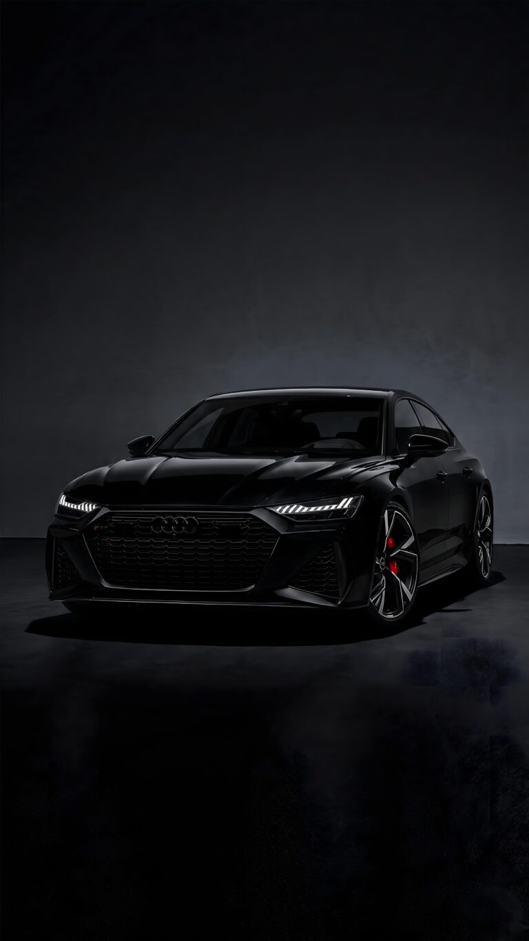 Sleek all-black Audi sports car with glowing LED headlights and red brake calipers in a moody dark studio setting.
