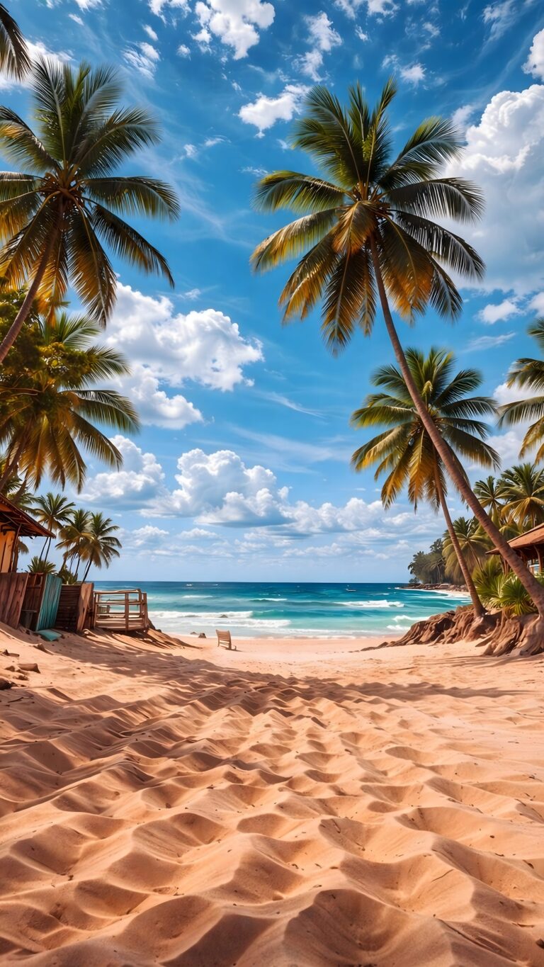 Vertical view of a beautiful tropical beach featuring textured golden sand, tall palm trees, a bright blue ocean, and a sunny sky with fluffy clouds.