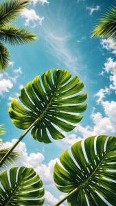 Vibrant green Monstera leaves and palm fronds reaching toward a bright blue sky with fluffy white clouds.