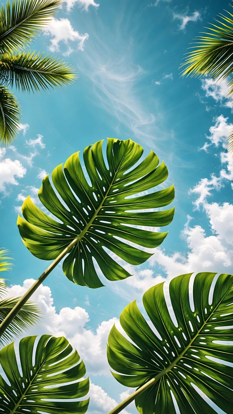 Vibrant green Monstera leaves and palm fronds reaching toward a bright blue sky with fluffy white clouds.