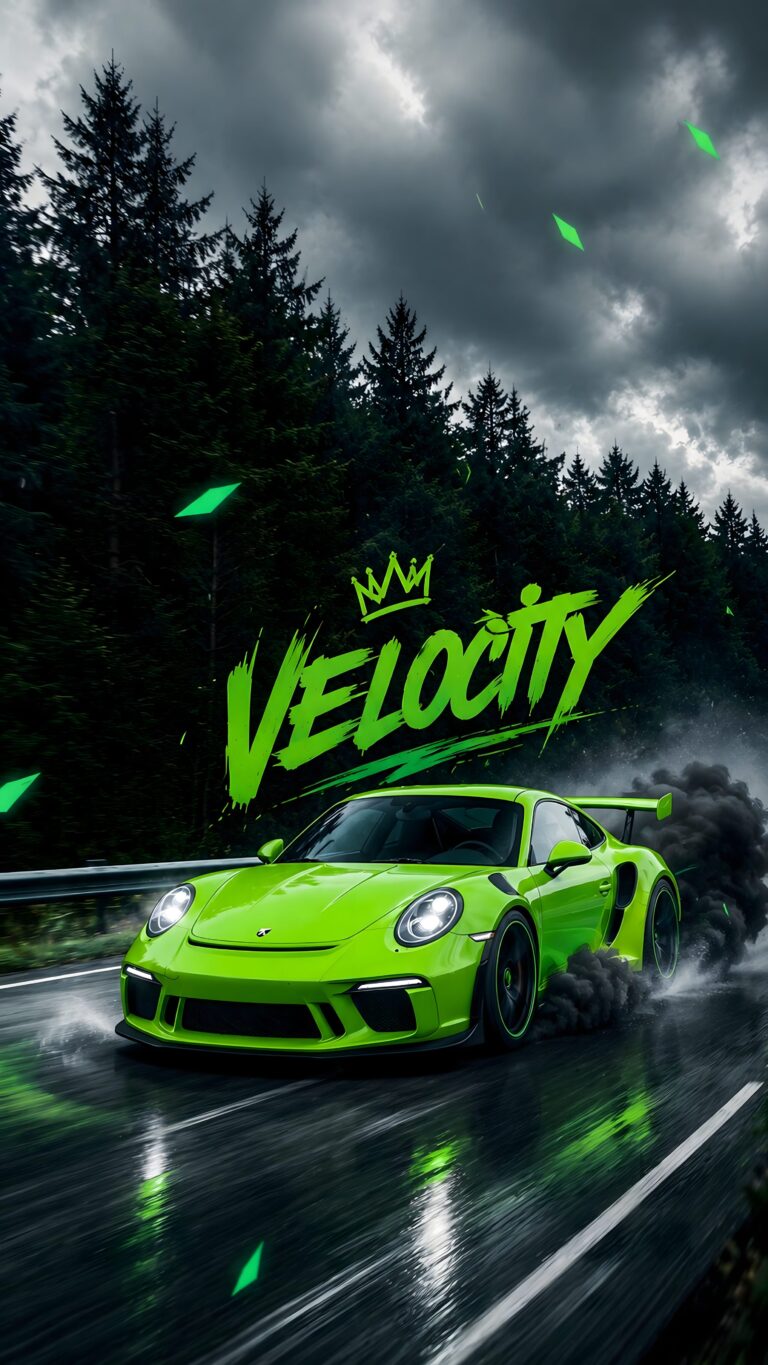 Bright neon green sports car drifting on a wet forest road with the word Velocity in brush-stroke text above it.