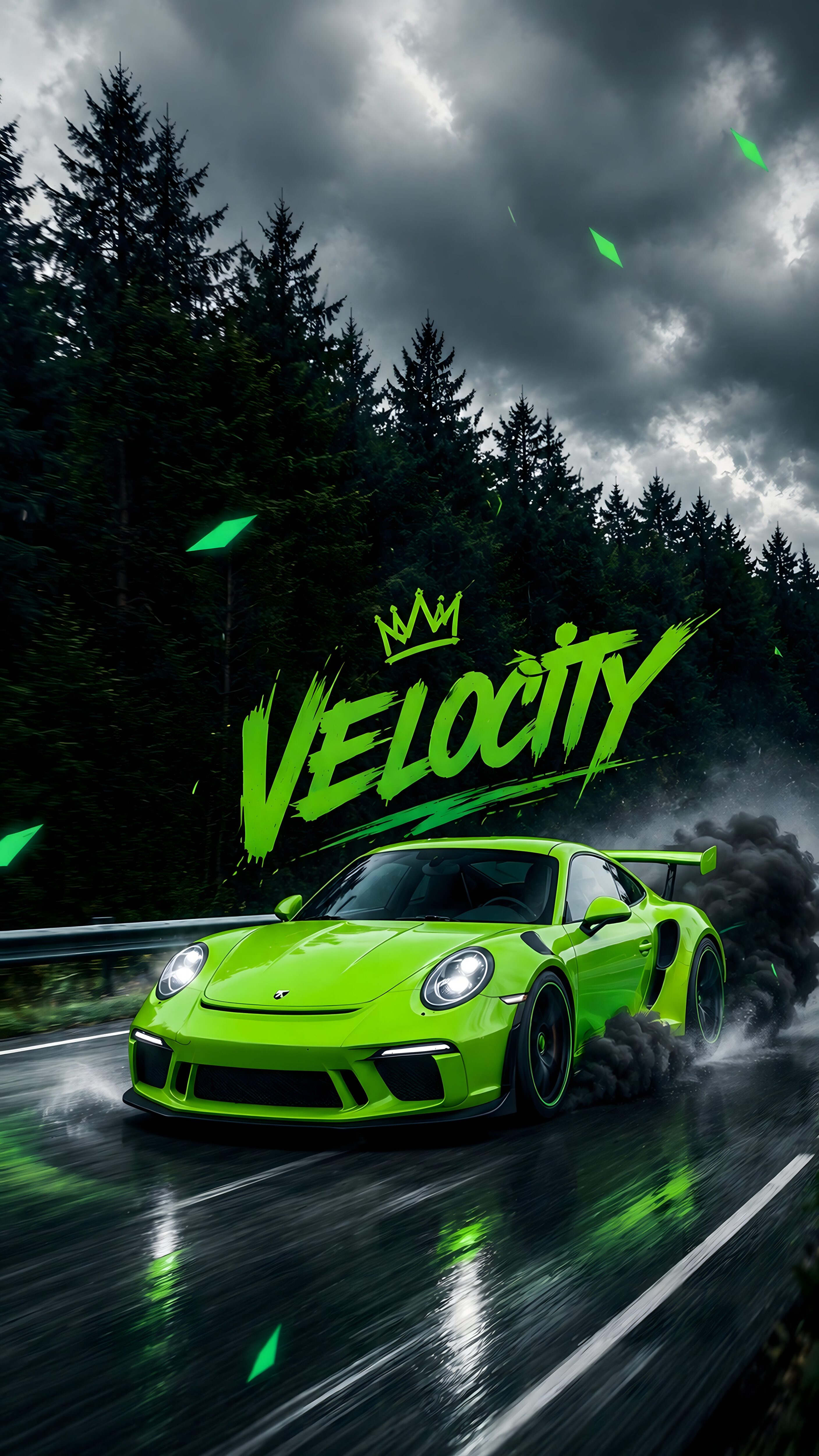 Bright neon green sports car drifting on a wet forest road with the word Velocity in brush-stroke text above it.