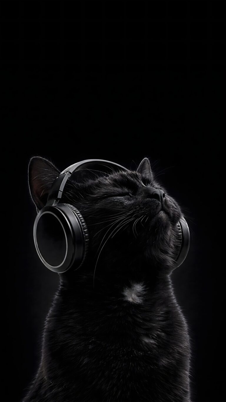 A sleek black cat wearing headphones and listening to music with its eyes closed against a deep black background.