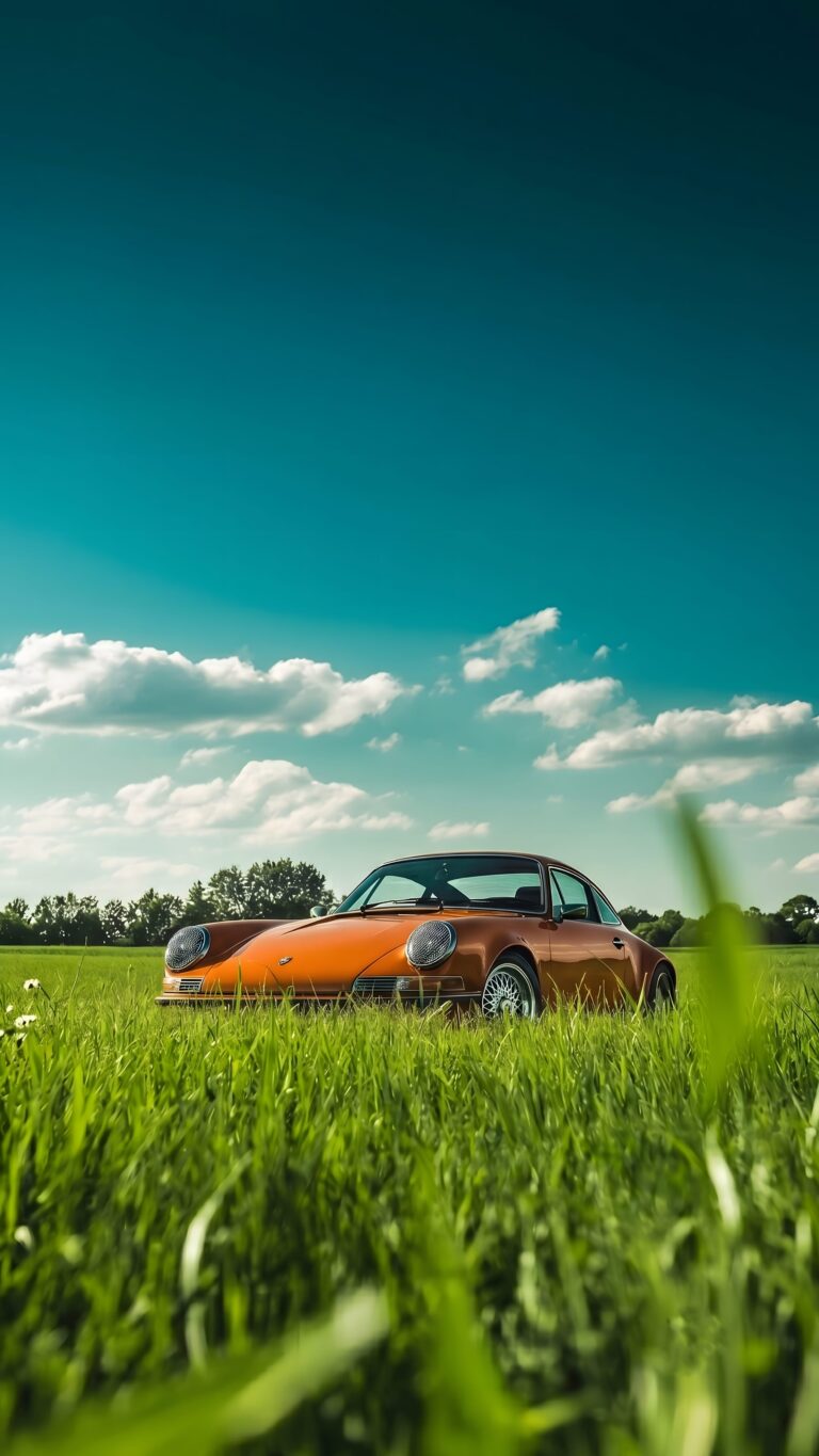 A classic orange Porsche parked in tall green grass under a bright blue sky with fluffy white clouds.
