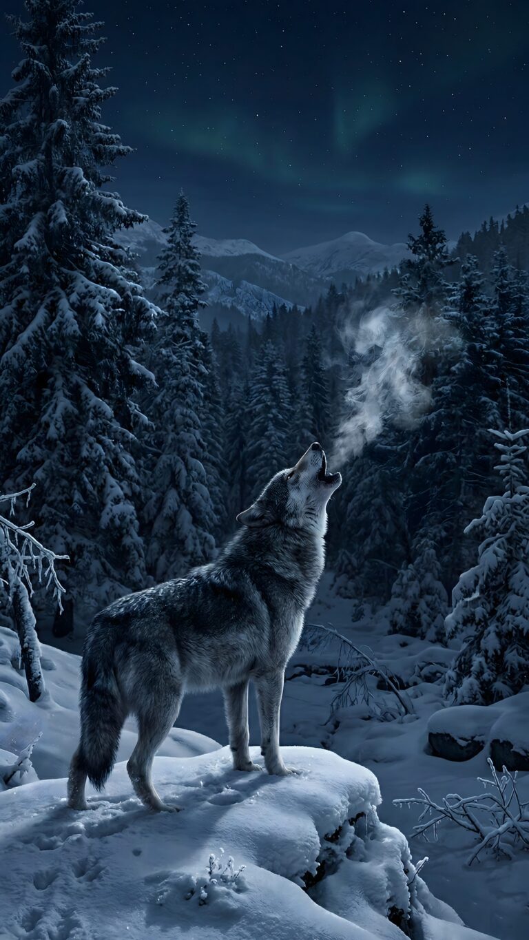 A majestic lone wolf howling on a snow-covered hill within a pine forest under a starry night sky with a vibrant green aurora borealis.