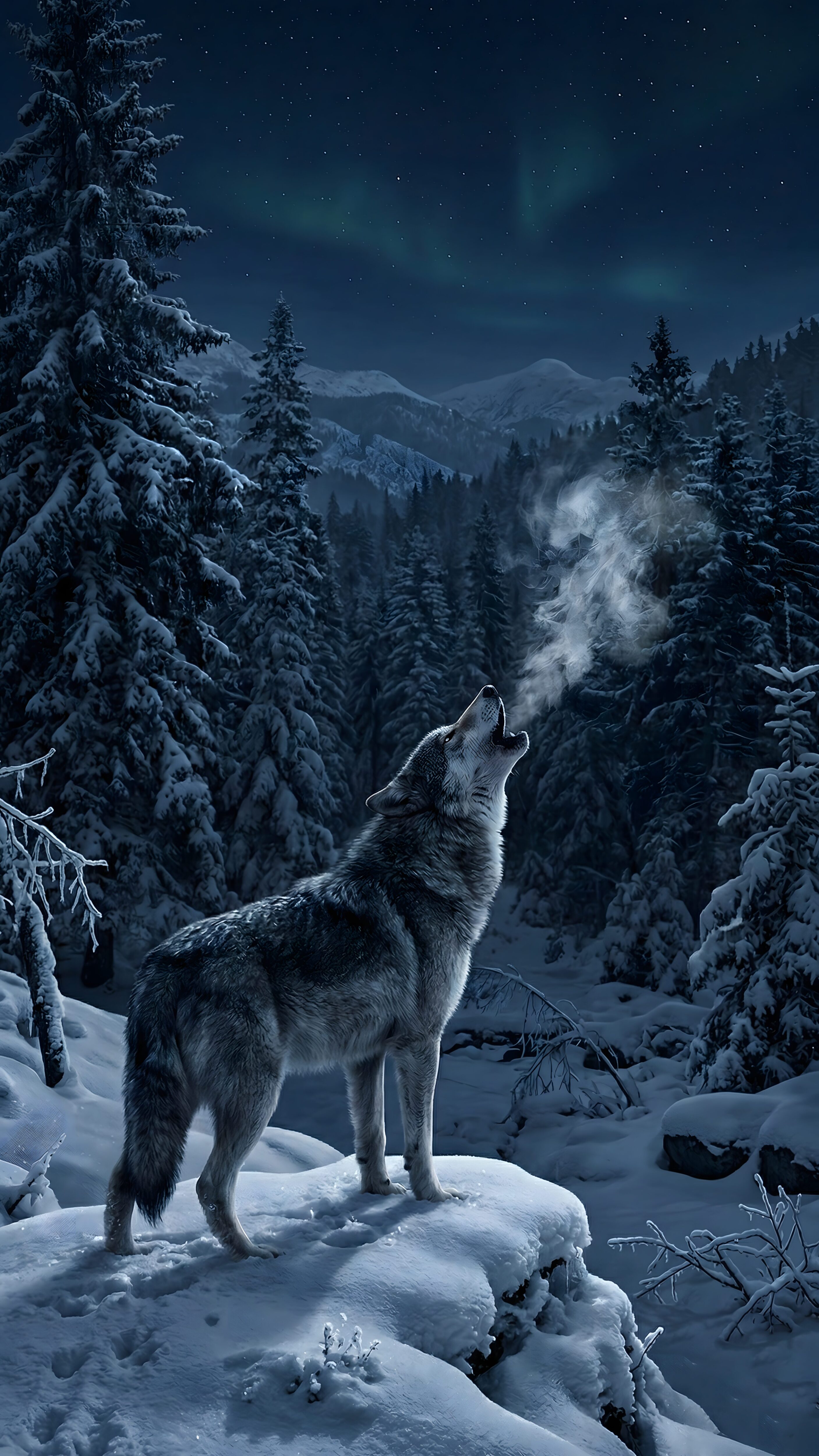A majestic lone wolf howling on a snow-covered hill within a pine forest under a starry night sky with a vibrant green aurora borealis.