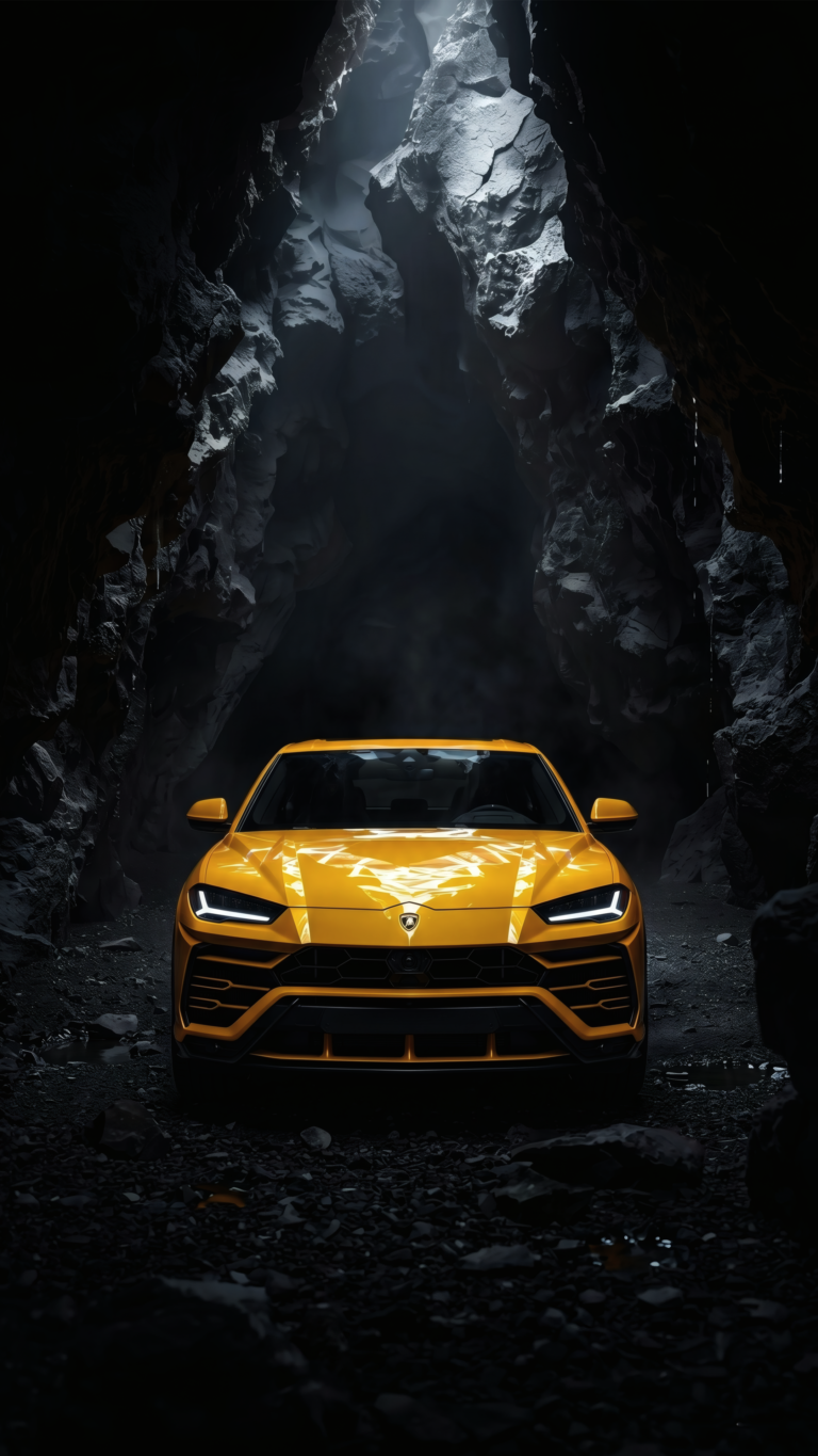 Bright yellow Lamborghini Urus parked inside a dark, rocky cave with dramatic overhead lighting.
