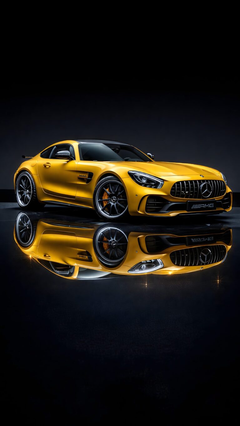 A vibrant yellow Mercedes-AMG sports car with a flawless reflection on a dark studio floor, designed as a premium smartphone background