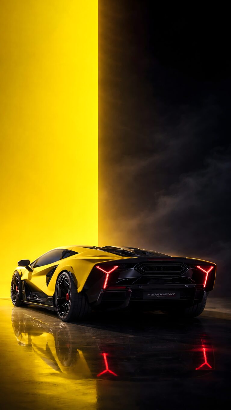 A vibrant yellow hypercar with glowing red Y-shaped taillights parked in a moody, smoke-filled room with a bright yellow light panel and wet floor reflection.