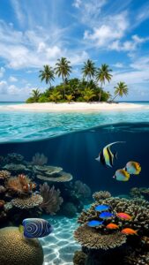 Split view wallpaper of a tropical island and underwater coral reef designed for iPhone depth effect lockscreen.