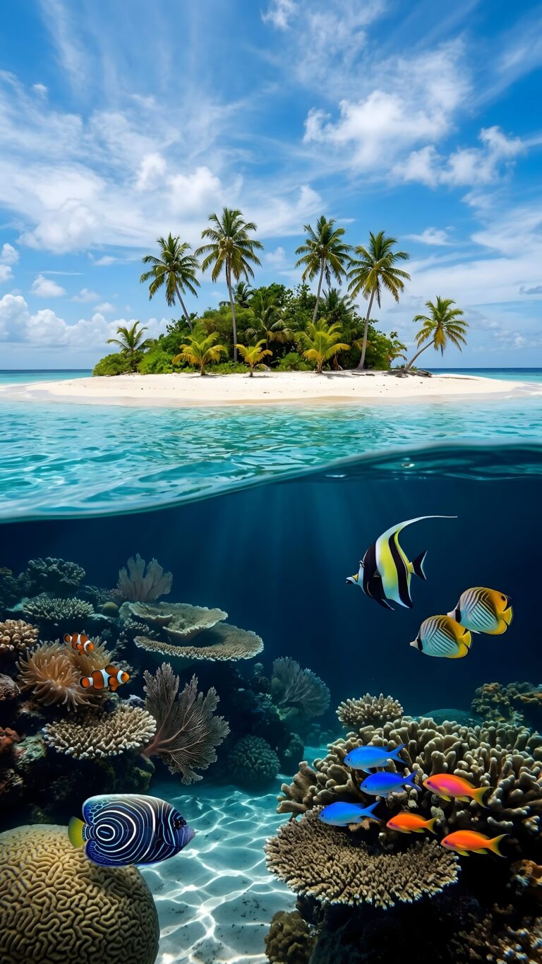Split view wallpaper of a tropical island and underwater coral reef designed for iPhone depth effect lockscreen.