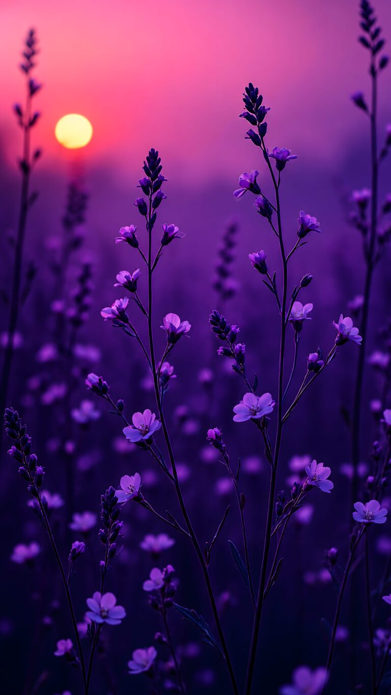 Soft purple flowers in sharp focus against a vibrant pink and purple sunset sky for mobile displays.