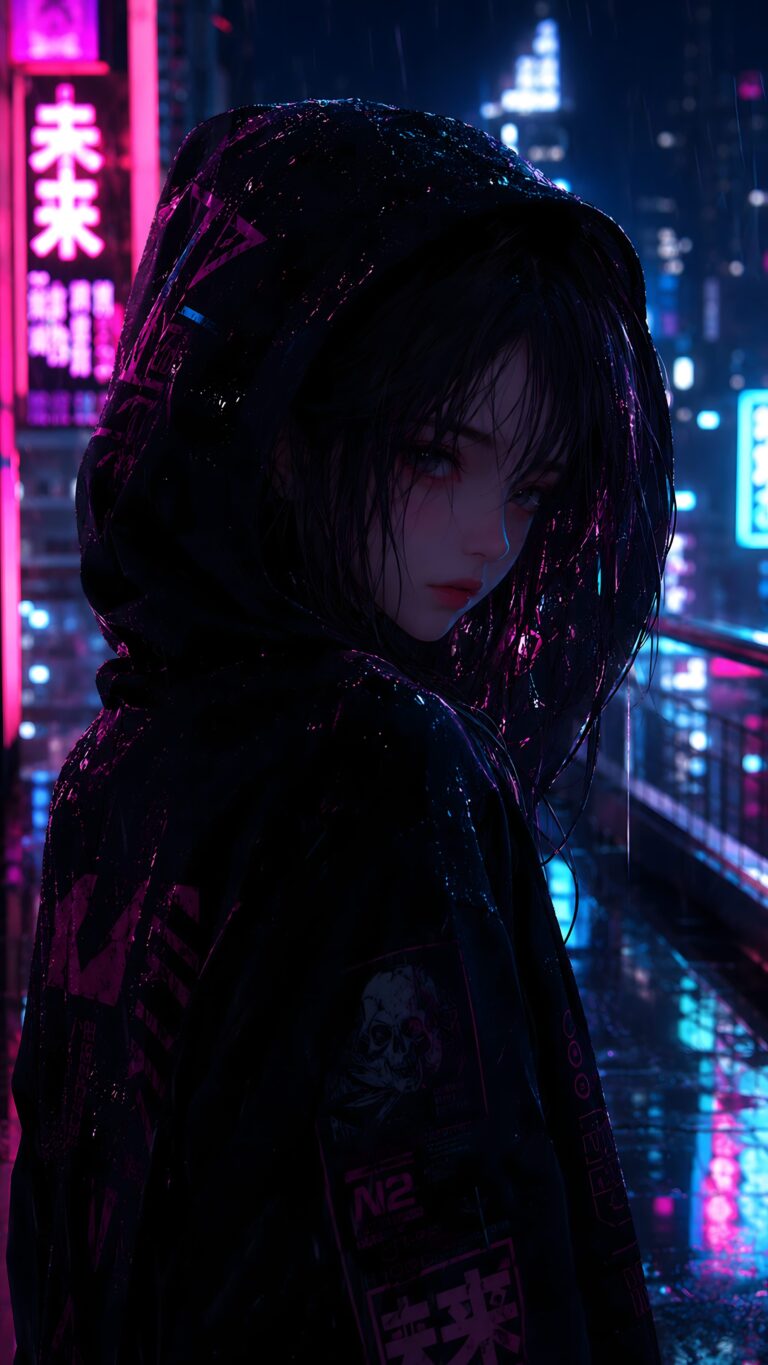 A moody anime girl in a black graphic hoodie standing in a rainy cyberpunk city lit by glowing pink and blue neon lights.