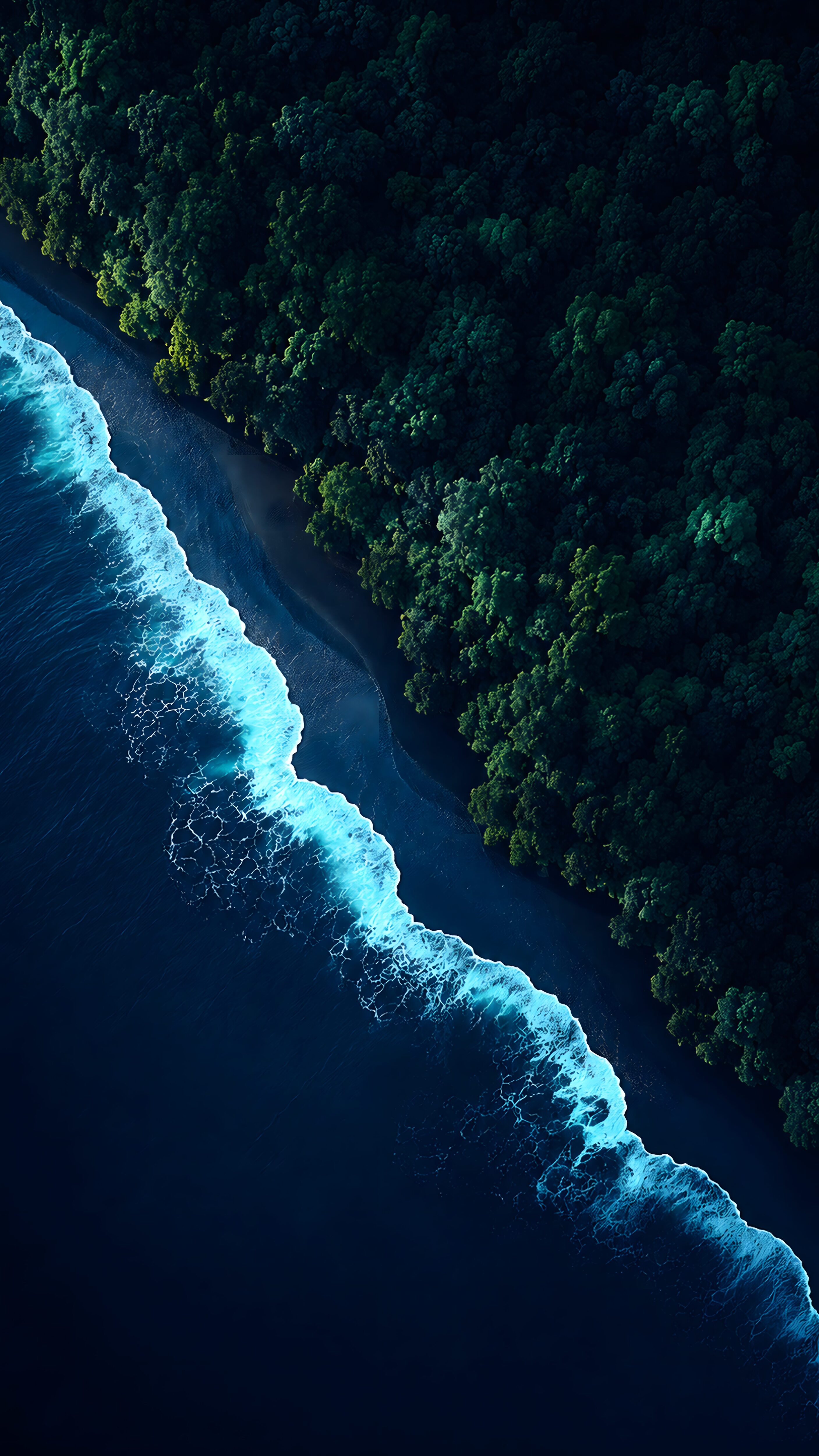 Aerial view of bright blue ocean waves crashing against a dark sand beach next to a dense, dark green forest.