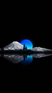 showcasing a snow-capped mountain and silhouetted pine trees perfectly reflected in dark, still waters under a glowing neon blue moon against a pitch-black night sky.