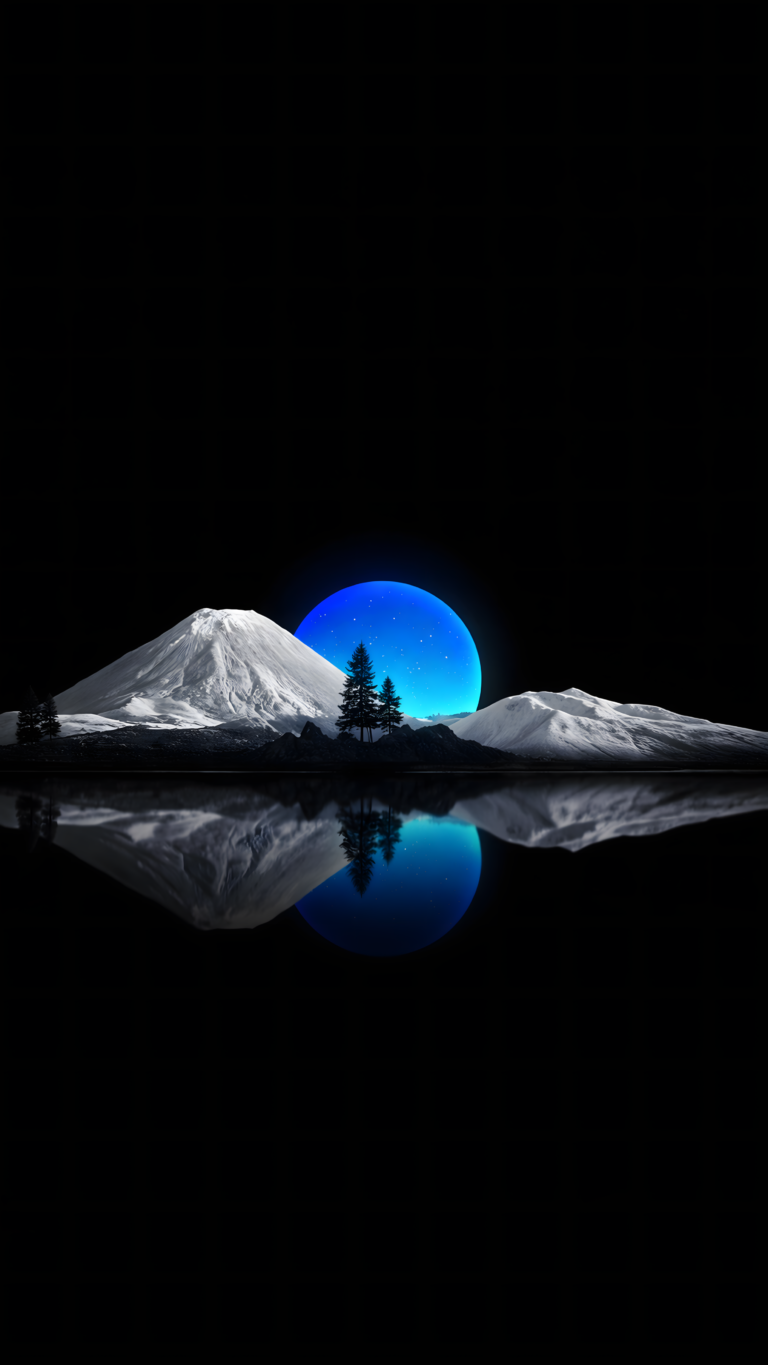 showcasing a snow-capped mountain and silhouetted pine trees perfectly reflected in dark, still waters under a glowing neon blue moon against a pitch-black night sky.