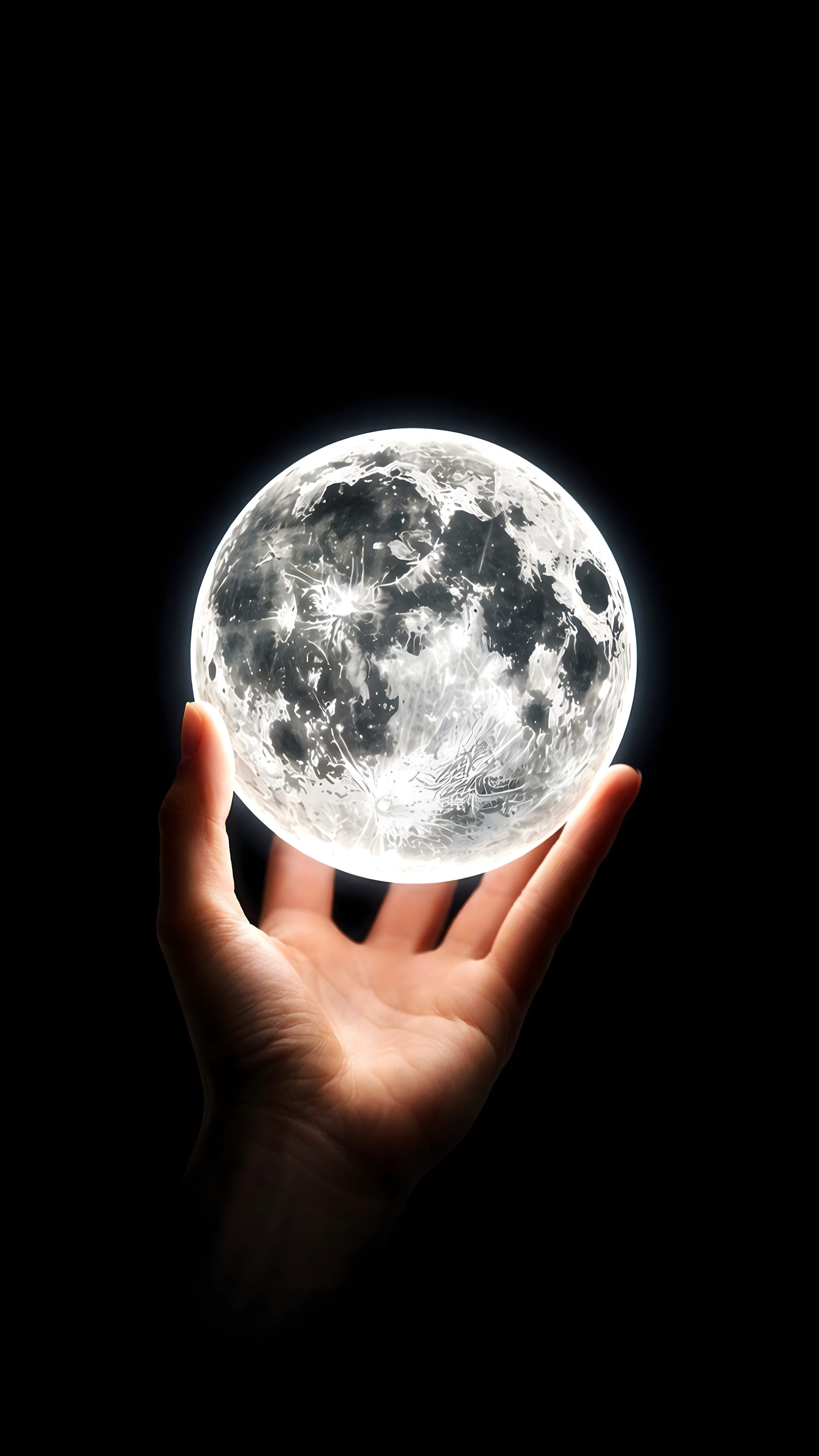A person's hand glowing under the light of a bright, detailed full moon held in their palm, set against a completely black background.