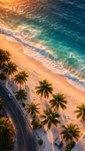 Aerial view of a tropical sandy beach with turquoise ocean waves and palm trees during sunset