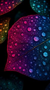 A macro photograph of a textured leaf covered in pristine water droplets, illuminated by a vibrant neon gradient shifting from hot magenta to deep cyan against a dark background.