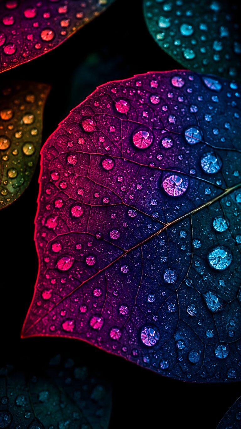 A macro photograph of a textured leaf covered in pristine water droplets, illuminated by a vibrant neon gradient shifting from hot magenta to deep cyan against a dark background.