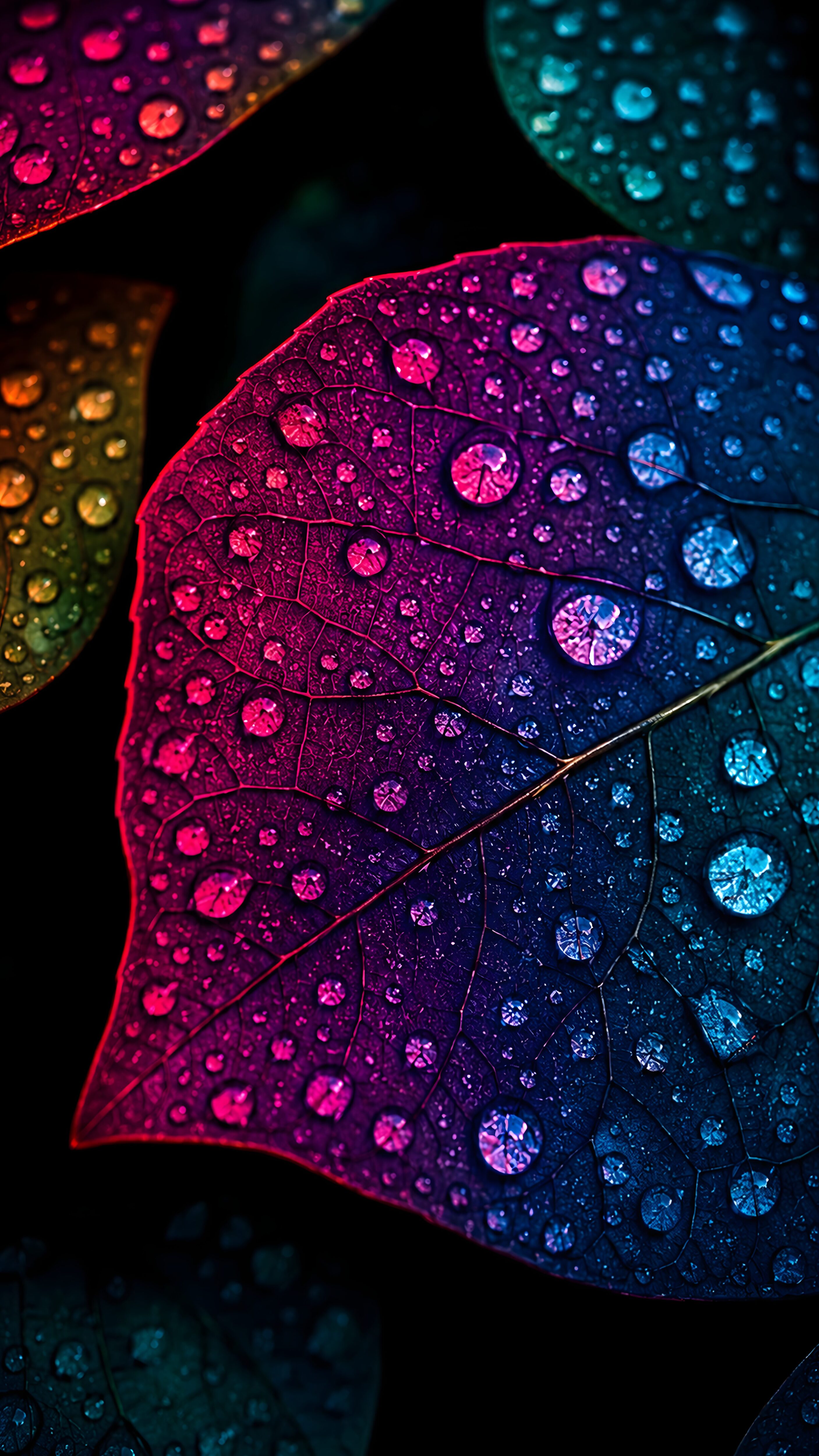 A macro photograph of a textured leaf covered in pristine water droplets, illuminated by a vibrant neon gradient shifting from hot magenta to deep cyan against a dark background.
