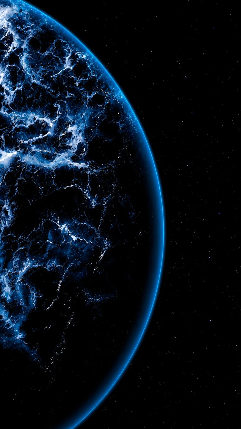 A vertical phone wallpaper showing the dark edge of a planet glowing with intense blue electrical energy against a pitch-black starry space background.