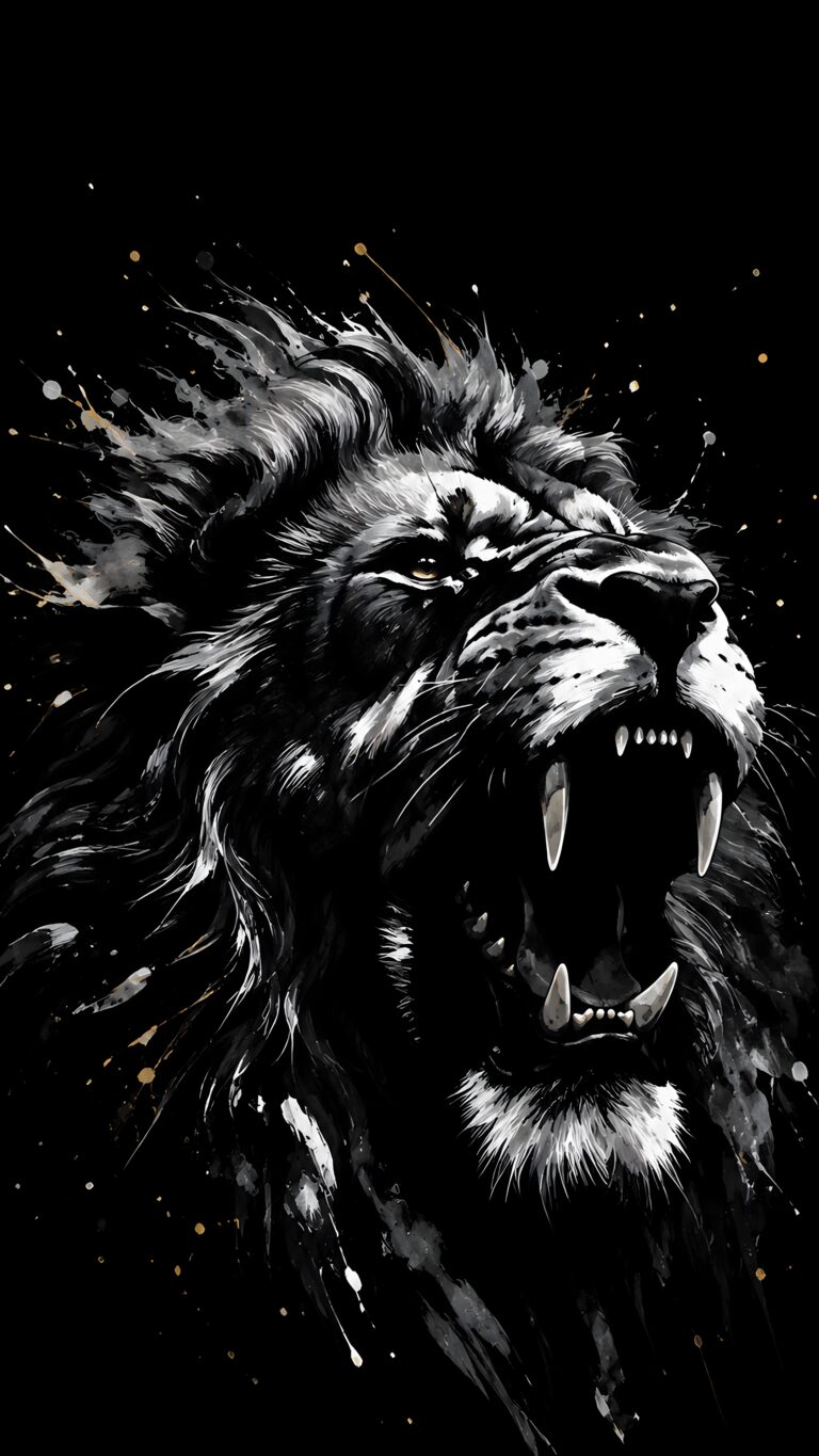 A fierce roaring lion rendered in black and white ink splatters with subtle gold accents on a pitch-black background.