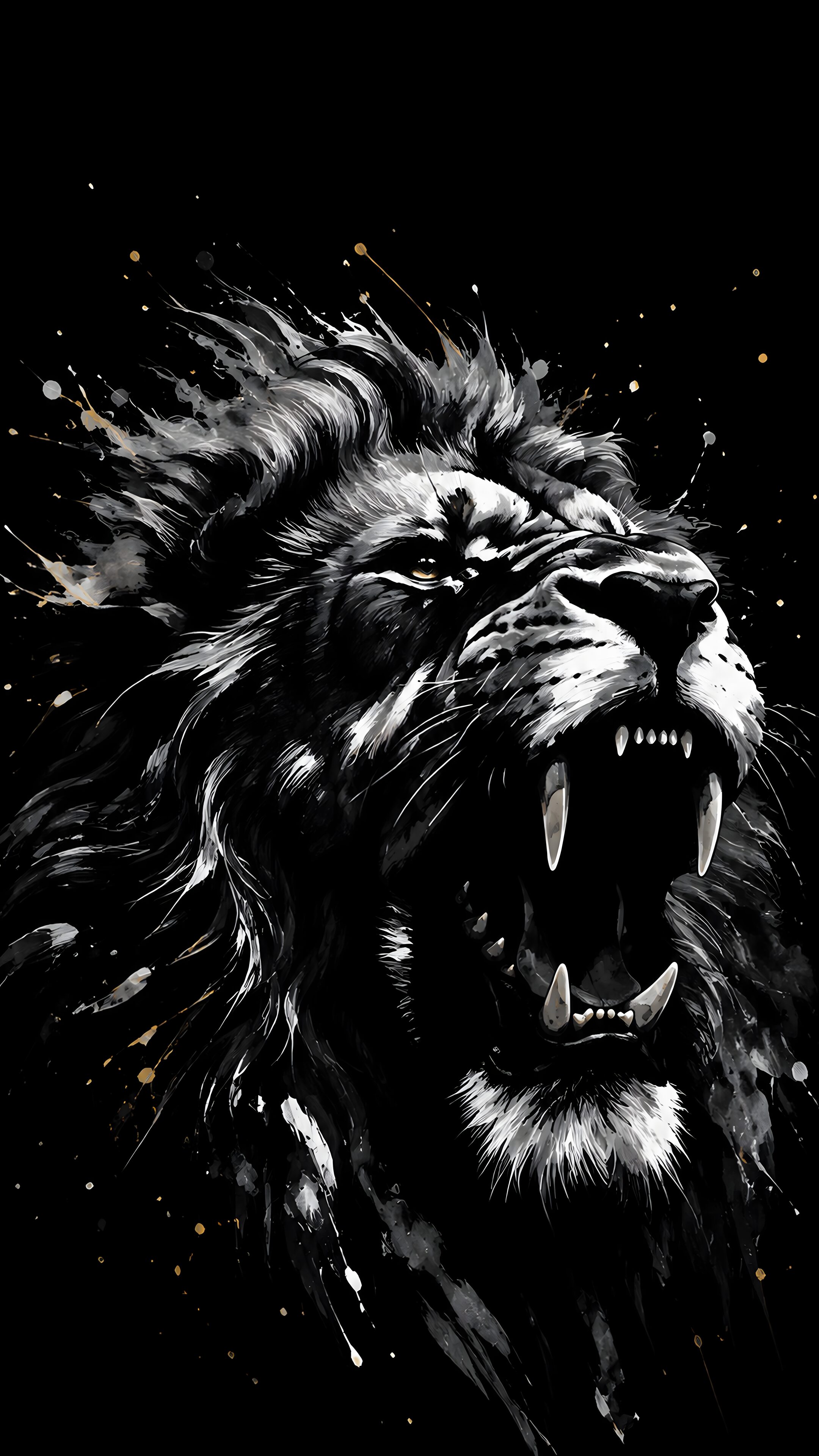 A fierce roaring lion rendered in black and white ink splatters with subtle gold accents on a pitch-black background.