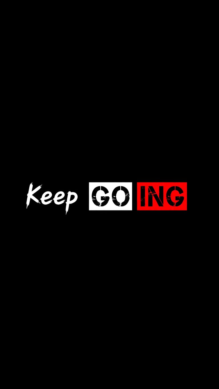 Dark minimalist mobile wallpaper featuring the motivational quote Keep Going with bold white and red typography on a solid black background.