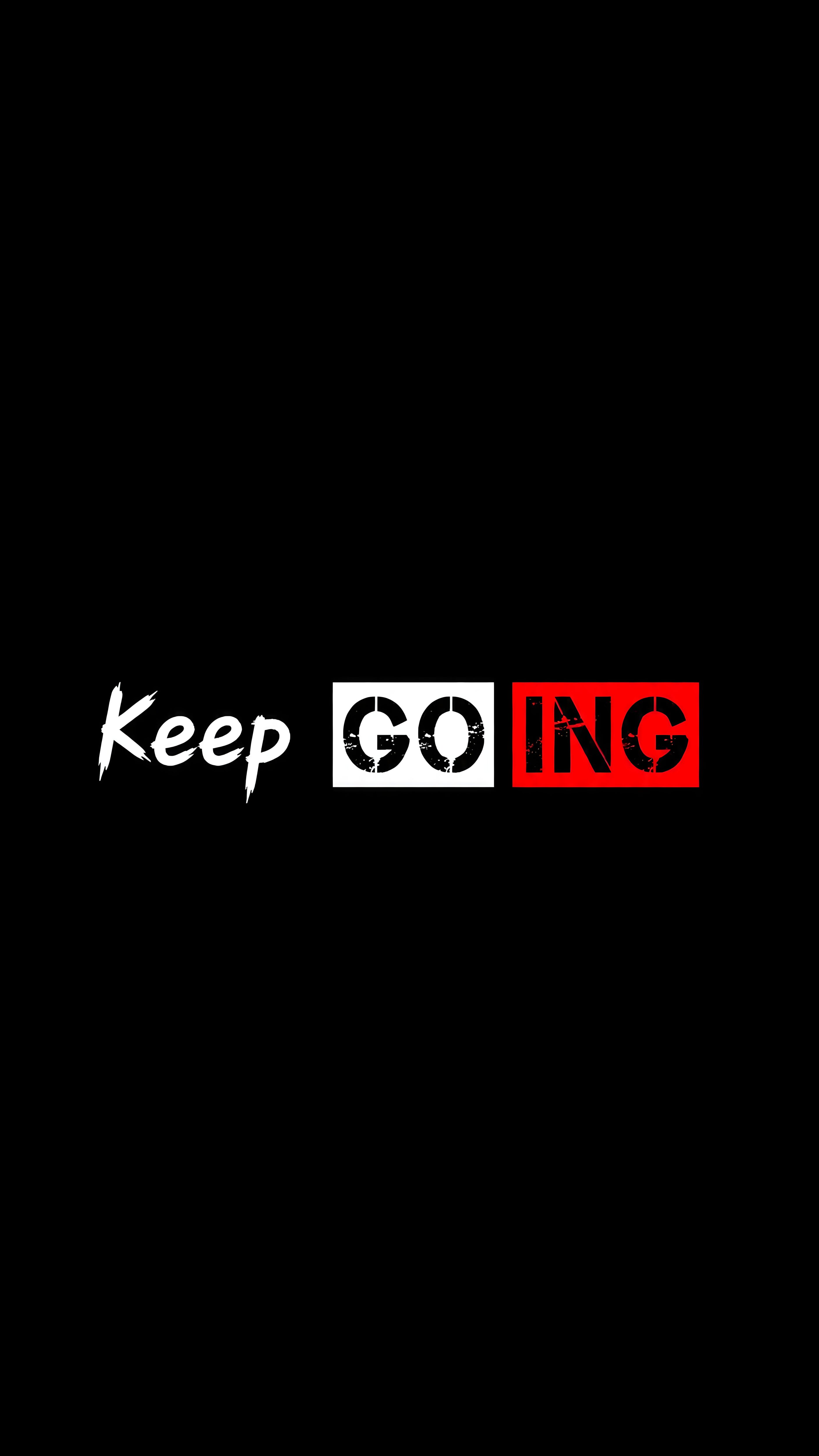 Dark minimalist mobile wallpaper featuring the motivational quote Keep Going with bold white and red typography on a solid black background.