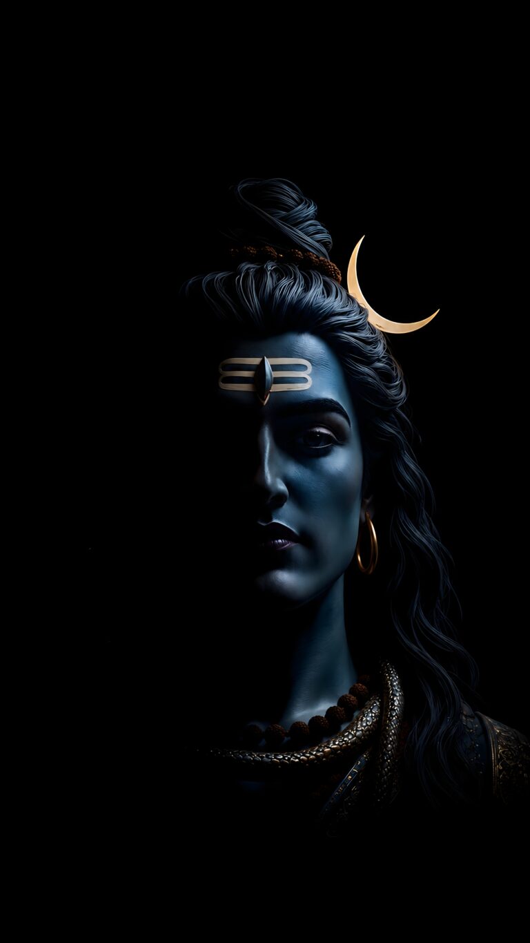 Half-lit digital portrait of Lord Shiva featuring deep blue skin, a golden crescent moon, and a snake against a pitch-black background.