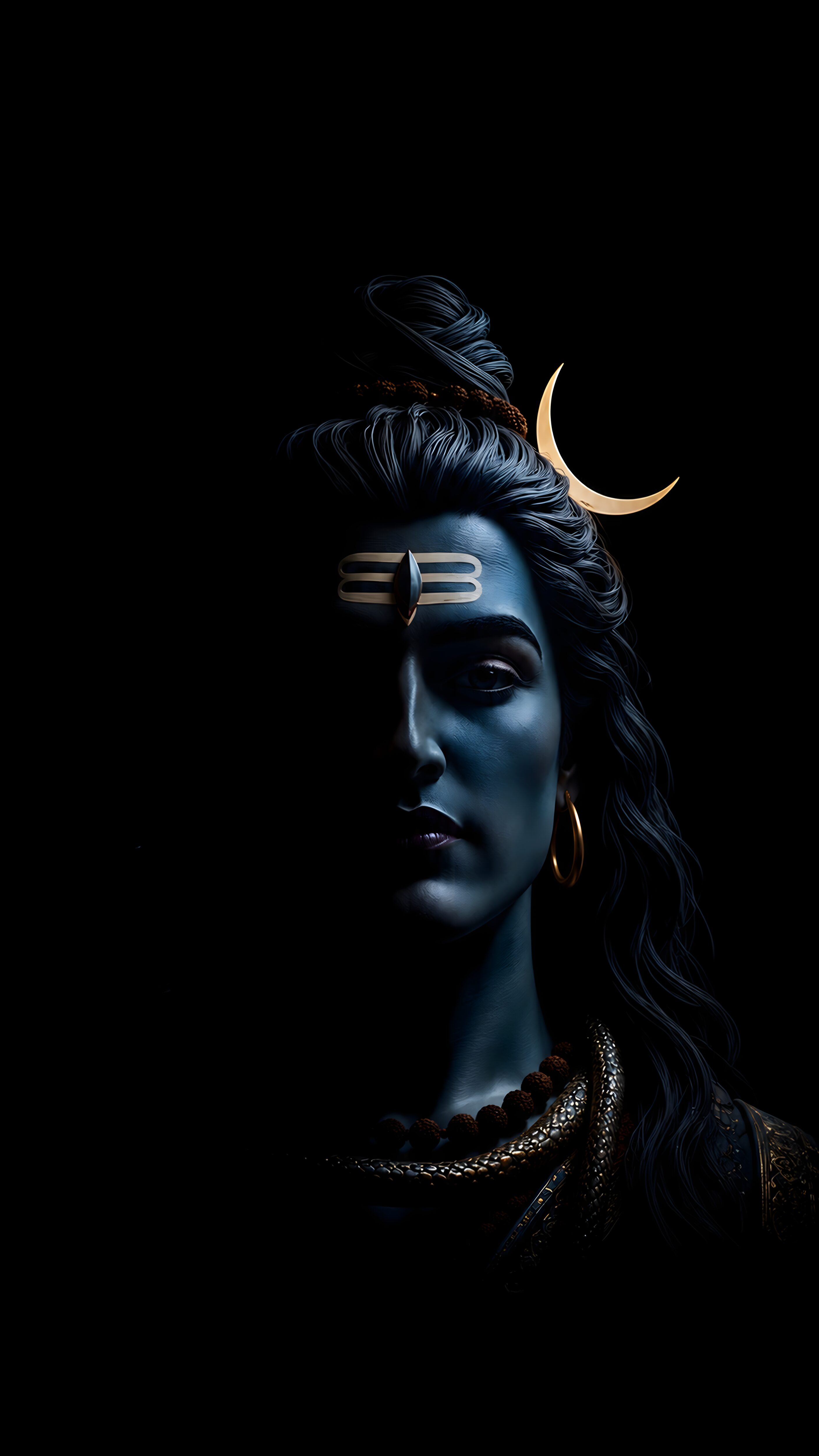 Half-lit digital portrait of Lord Shiva featuring deep blue skin, a golden crescent moon, and a snake against a pitch-black background.