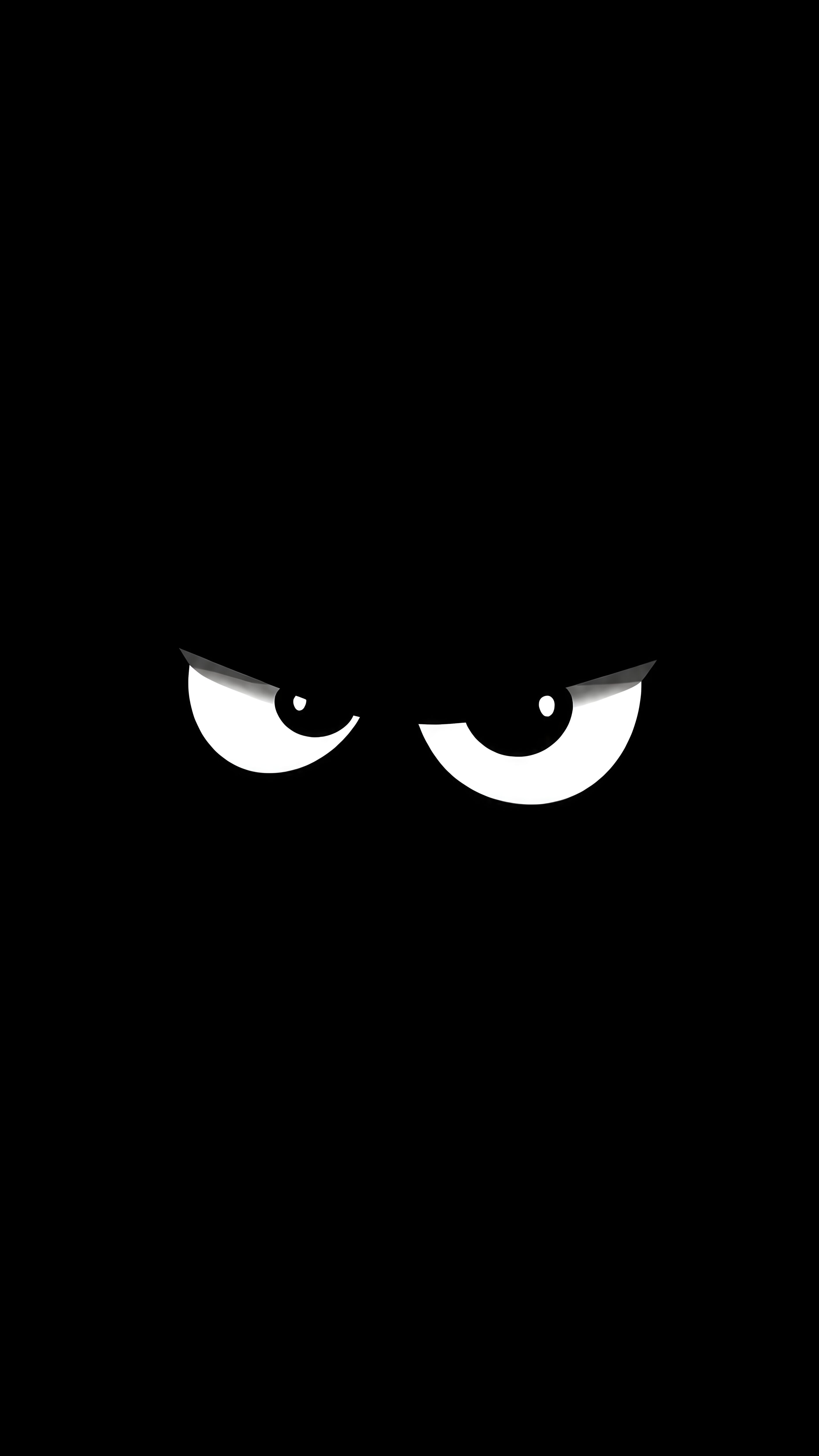 A pitch-black vertical mobile wallpaper featuring two glowing white, angry eyes glaring from the shadows.