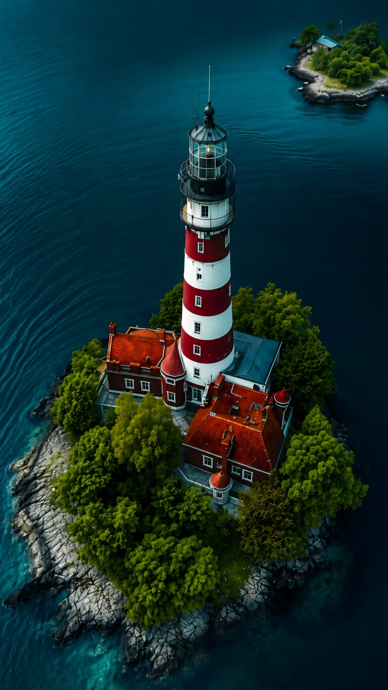 A tall red and white striped lighthouse stands on a small rocky island surrounded by dark blue ocean water and green trees.