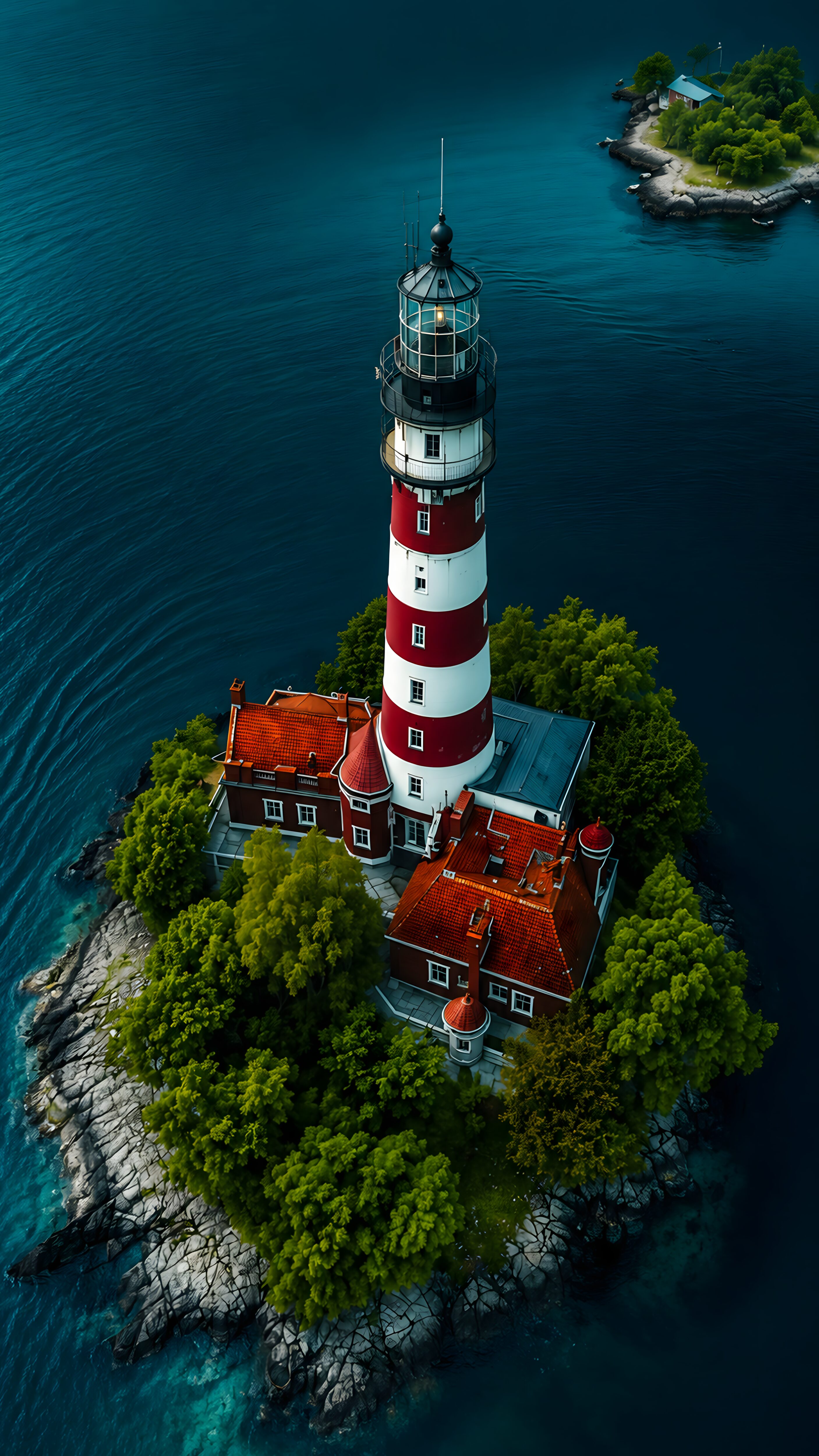 A tall red and white striped lighthouse stands on a small rocky island surrounded by dark blue ocean water and green trees.